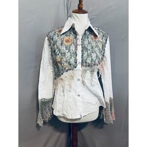 Black Cat Womens Artsy Blue Beaded Lace Fairy Grunge Top‎ Sz L Y2K 90
